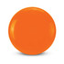 An orange frisbee with a smooth surface and slight ridges around the edge, featuring a logo.