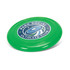 A green frisbee featuring a circular logo with stars and spiral design, including a club name.