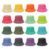A variety of Bondi Washed Bucket Hats in multiple colours, featuring a logo on each hat.