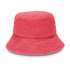 A pink bucket hat with a wide brim and textured fabric, featuring ventilation eyelets and a logo.