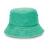 A green washed bucket hat with a round crown and wide brim, featuring small side vents and a textured finish.
