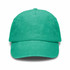 A vintage washed cap in a vibrant turquoise colour, featuring a front panel and curved brim, with a logo on the side.
