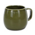 A set of two rounded coffee mugs in a glossy olive green finish, featuring a handle and a smooth surface.