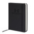 A5 daily diary in sleek black with an embossed logo and an elastic closure.