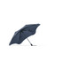 A navy umbrella with a unique scalloped design and a black handle, featuring a logo.