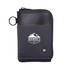 A black and grey zippered wallet featuring a logo on the front and a round zip pull.