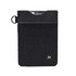 A vertical wallet in black with a textured surface and a logo, featuring a top slot for cards.