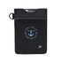 A black vertical wallet featuring a logo, with a textured design and a keyring attachment.