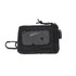 A black pouch wallet with a clear window and a carabiner clip, featuring a simple design and a branding logo.