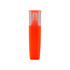 An orange highlighter in a clear case with a rounded top, featuring a logo on the side.