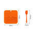 An orange, four-section silicone lick mat with a matching small spatula for spreading. Dimensions are shown.