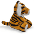 A plush toy shaped like a tiger, featuring orange and black stripes with white accents, sitting upright.