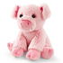 A pink plush toy designed as a pig, featuring soft fabric and rounded ears, with a small logo on one side.