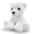 A white plush toy resembling a bear, featuring detailed facial features and soft textures. It has a small branding logo.