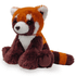 A plush toy of a red panda featuring orange and brown fur with white accents and a striped tail.
