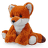 An orange and white plush fox toy, featuring a soft fur texture and a seated pose, with a logo present.