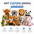 A collection of custom animal plush toys in various colours, featuring a dinosaur, fox, bear, unicorn, and more.