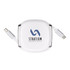 A compact white retractable charging cable with two connectors and a branded logo on the surface.