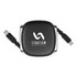 A black retractable cable with dual connectors and a logo on the surface. It has a compact design for easy storage.
