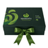 A medium full colour magnetic gift box in dark green, featuring a decorative green ribbon and branding details.