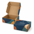 A die-cut packaging box with a locking lid, featuring a colourful abstract design and a logo.