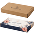 A die-cut packaging box with a floral design, featuring both a brown and a decorated exterior, includes a branding logo.