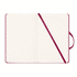 A textured red PU hard cover notebook with lined pages and a ribbon bookmark. It features a matching strap and branding.