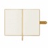 A prestige hardcover notebook in a tan colour, featuring lined pages and a ribbon marker. It includes a leatherette closure.