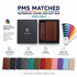 A brown soft cover notebook sits in a gift box alongside a pen pouch, with multiple notebook colours displayed below.