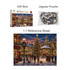 A gift box containing a jigsaw puzzle with a festive Christmas scene, featuring a decorated tree and snow-covered buildings.