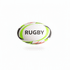 A rugby ball in white, green, and black, featuring a logo and vibrant coloured detailing.