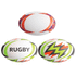 Three Size 5 rugby balls featuring a range of vibrant colours, including orange, green, and purple patterns. One ball has a logo.