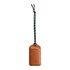 A brown leather luggage tag with a black and white braided attachment. It features a branding logo.
