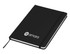 A black A5 notebook with a ribbon bookmark and an elastic band, featuring a logo on the front cover.