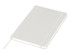 A white A5 notebook with a textured cover, an elastic band, and a ribbon bookmark. Features a logo on the cover.