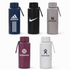 A drink bottle collection featuring various designs in navy blue, black, grey, burgundy, and white, with logos.