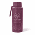 A drink bottle in a deep purple shade featuring a floral design and a logo.