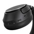 Black headphones featuring control buttons and a sleek design with a metallic accent. Includes a logo on the side.