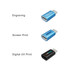 Three USB data blockers in blue and black, featuring different printing options: engraving, screen print, and digital UV print.