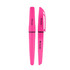 A pink highlighter pen with a cap and a branding logo. It features a sleek design with a black band.