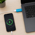 A blue A to A USB data blocker is connected to a laptop, with a phone displaying a charging status of 70%.