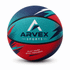 A children's basketball in vibrant shades of blue, red, and teal with a branded logo.