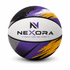 A colourful children's basketball in purple, black, white, and grey with a logo featured prominently.