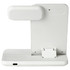 A white 3-in-1 wireless charger with a detachable section and a compact design. It features a logo on its surface.