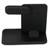 A black 3-in-1 wireless charger stand with a vertical holder for devices and a base for charging.