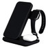 A black 3 in 1 wireless charger featuring a phone stand, an Apple Watch holder, and a space for earbuds.