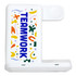 A white 3 in 1 wireless charger featuring a colourful design and a logo on the surface.