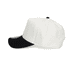 A two-tone cap featuring a black peak and a white crown, with a logo on the front.