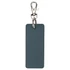 A rectangular keychain in a dark blue colour with a silver clip and ring attachment.