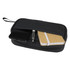A black tech pouch with a smartphone, a pen, and a notebook inside. It features a zipped closure and a carry handle.